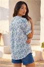 Blue Petite Print Button Up Front Blouse , Image 2 of 4