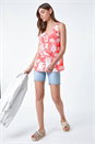 PINK Sleeveless V-Neck Palm Print Button Cami Top, Image 2 of 5