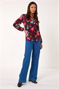 Red Floral Print Tie Neck Stretch Top, Image 2 of 5