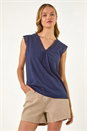 Navy  Sleeveless V-Neck Lace Trim Cotton Top, Image 4 of 5