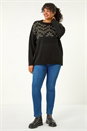 Black Curve Leaf Print Sparkly Knit Jumper, Image 2 of 5