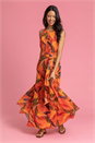 Orange Floral Print Tie Waist Chiffon Maxi Dress, Image 1 of 5