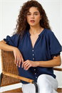 Navy Puff Sleeve Button Up Detail V-Neck Blouse, Image 1 of 5
