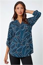 Teal Textured Leaf Print Stretch Shirt, Image 1 of 5