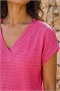 Pink Bubble Crepe V-Neck Stretch Tee, Image 4 of 4