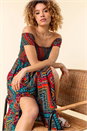 Multi  Shirred Aztec Print Bardot Dress, Image 4 of 4
