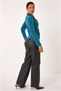 Teal Mock Buttoned Collared Stretch Shirt, Image 3 of 5