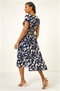 Navy  Leaf Print V-Neck Midi Dress, Image 3 of 5