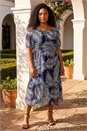 Navy  Curve Leaf Print Tie Neck Midi Dress, Image 3 of 4