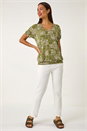 KHAKI Floral Print Bubble Hem Top, Image 2 of 5