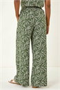 Khaki Leaf Print Linen Blend Wide Leg Trouser, Image 3 of 5