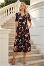 Red Floral Print Wrap Midi Stretch Dress, Image 2 of 4
