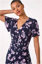 Navy  Floral Print Wrap Over Midi Dress, Image 4 of 5
