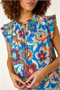 Blue Floral Printed Frill Sleeve Top, Image 5 of 5