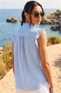 Blue Stripe Print Frill Sleeve Blouse, Image 3 of 4