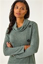 Khaki Cowl Neck Button Stretch Top, Image 4 of 5
