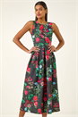 Black Floral Print Premium Stretch Midi Dress, Image 2 of 5
