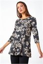 Black Floral Print Pocket Stretch Swing Top, Image 2 of 5