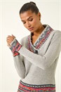 Grey Nordic Print Button Detail V-Neck Jumper, Image 4 of 5