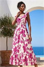 Magenta Floral Print Frill Shirred Midi Dress, Image 2 of 4