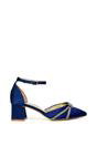 Navy XY LONDON Navy 'Sarah' Ankle Strap Pointed Toe Diamante Mid Block Heels, Image 1 of 5