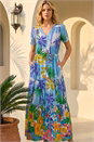 Blue Palm Print Tiered Button Dress, Image 2 of 4