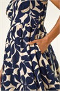 Navy  Leaf Print V-Neck Midi Dress, Image 5 of 5