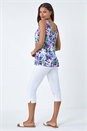 Purple Sleeveless V-Neck Leaf Print Button Cami Top, Image 3 of 5