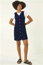 Navy  Cotton V-Neck Button Pocket Dress, Image 3 of 6