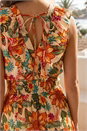 Orange Floral Print Frill V-Neck Maxi Dress, Image 4 of 4