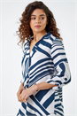 Navy  Linear Print V-Neck Pleat Front Tunic Top, Image 4 of 5