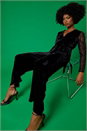 Black Lace Sleeve Velvet Wrap Jumpsuit, Image 1 of 5