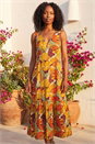 Orange Leaf Print Tiered Midi Dress , Image 2 of 4