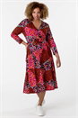 Red Curve Patchwork Floral Print Wrap Dress, Image 1 of 5