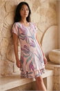 Light Pink Petite Leaf Print Layered Hem Dress, Image 2 of 4