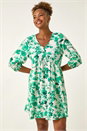 Green Floral Print Smock Dress, Image 2 of 5
