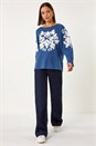 Navy  Floral Applique Detail Stretch Top, Image 2 of 5