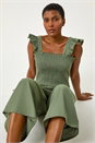 Khaki Cotton Linen Blend Frill Jumpsuit, Image 1 of 5