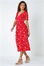 Red Floral Print Stretch Wrap Midi Dress, Image 2 of 5