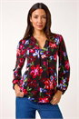 Red Floral Print Tie Neck Stretch Top, Image 1 of 5