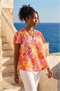PINK Leaf Print Shirred V-Neck Top, Image 2 of 4