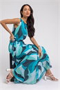 Turquoise Abstract Print Pleated Chiffon Maxi Dress, Image 1 of 5