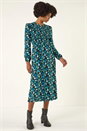 Teal Floral Print Shirred Stretch Midi Dress, Image 2 of 5