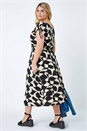 Black Curve Geometric Print Ruched Stretch Midi Dress, Image 3 of 5