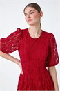 Red Cotton Blend Lace Bell Sleeve Dress, Image 4 of 5