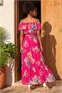 Pink Floral Print Bardot Belted Maxi Dress, Image 3 of 4