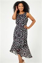 Black Petite Spot Print Frill Trim Asymmetric Dress, Image 1 of 5