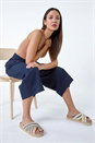 Navy Elastic Waist Wide Leg Cotton Cropped Culottes, Image 1 of 5
