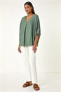 KHAKI Pleated V-Neck Stretch Tunic Top, Image 2 of 5