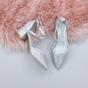 Silver Mid Block Heel Crossed Straps Pointed Toe 2 Part Heels, Image 4 of 6